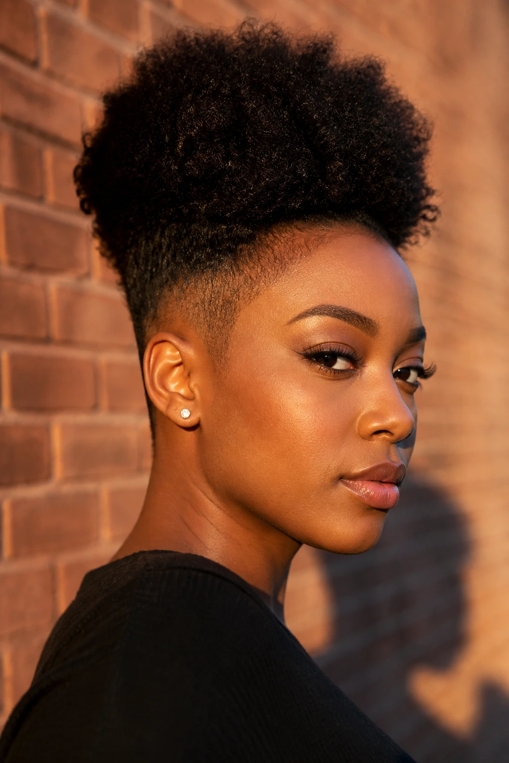 Real woman with tapered sides and a high top puff in warm golden hour light.
