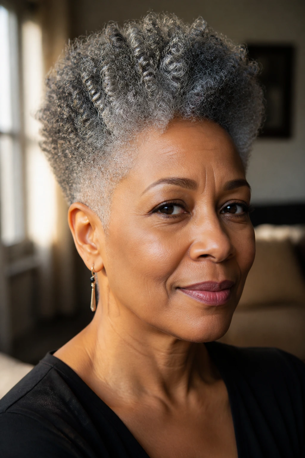 Close-up of a woman with a tapered silver afro under natural window light