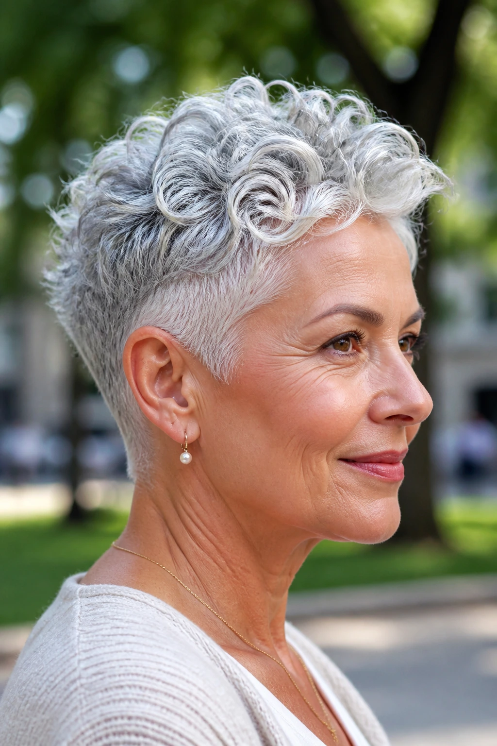 Close-up portrait of a real woman with a tapered silver crop hairstyle.
