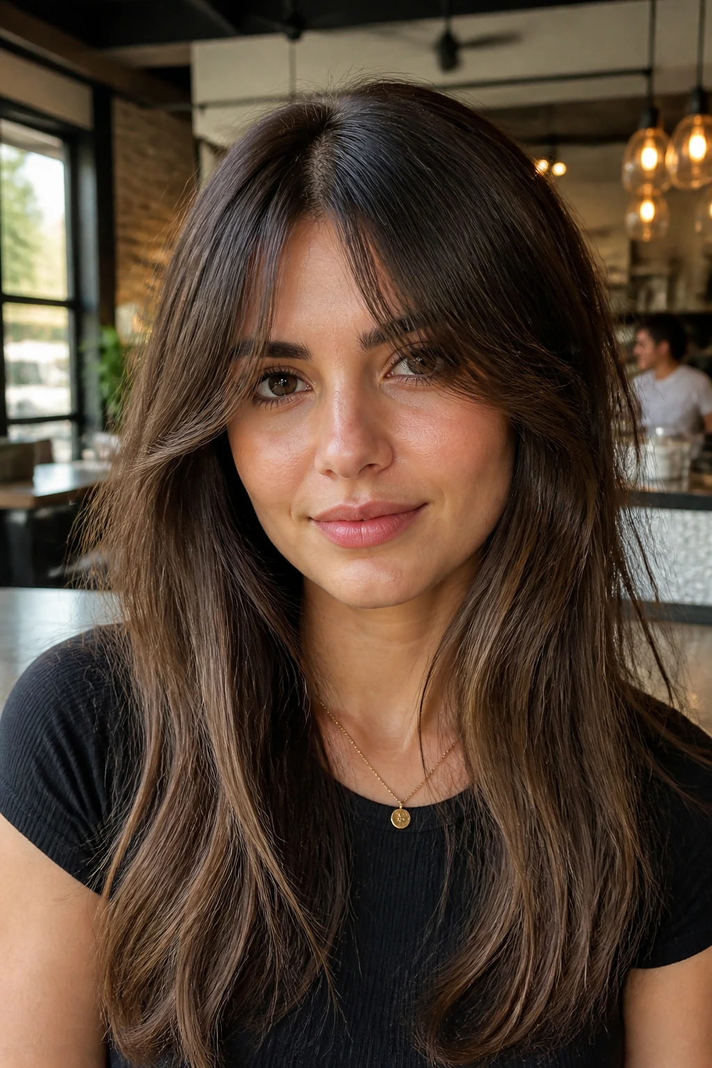 Close-up of a real woman wearing tapered split bangs.