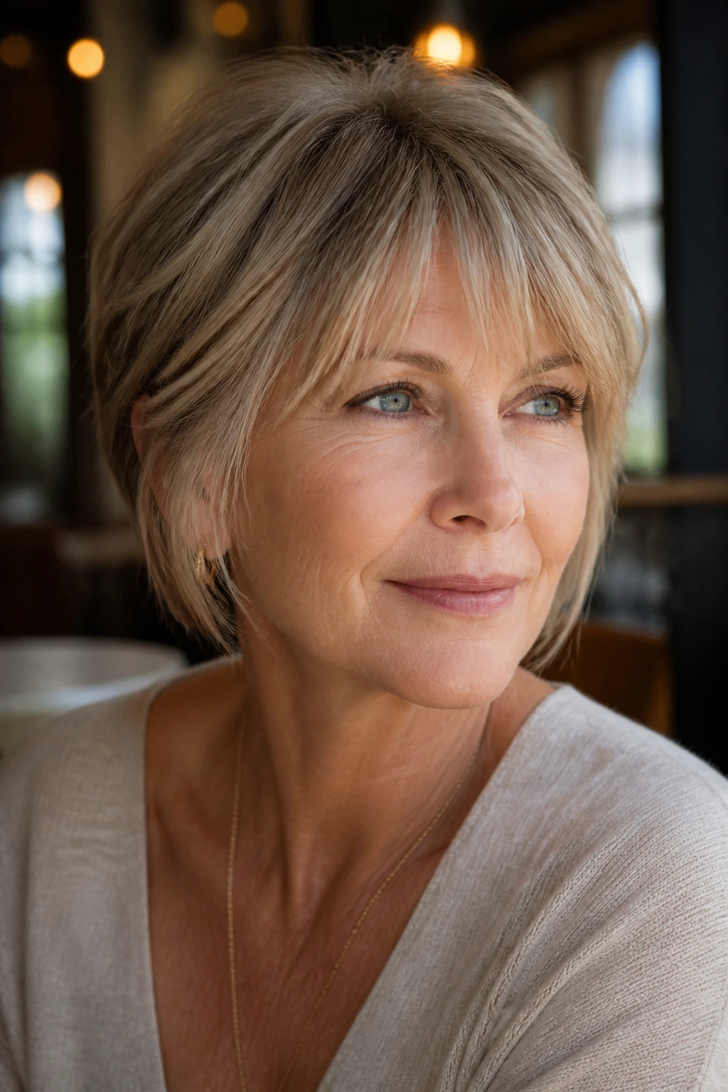 Close-up of a real woman with tapered temple bangs fading near the temples