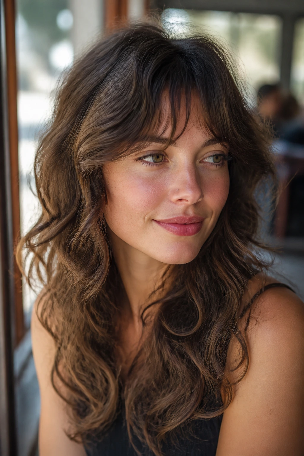 Close-up of a real woman with tapered temple bangs and thick wavy hair in a sunlit cafe setting.