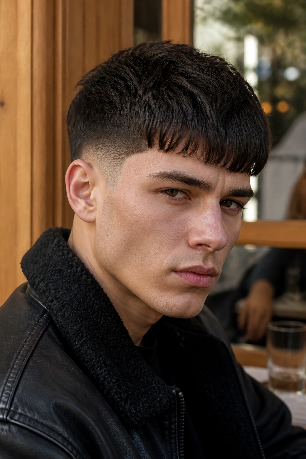 Close-up of a real person with tapered temples and strong fringe on a Chelsea-cut hairstyle.