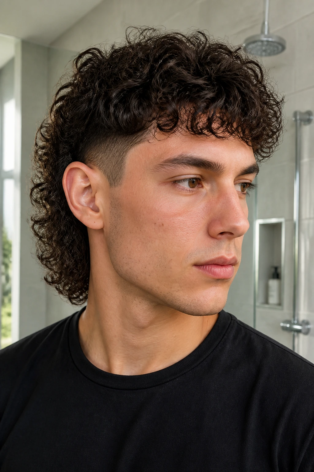Close-up portrait of a real person with tapered temple curly mullet