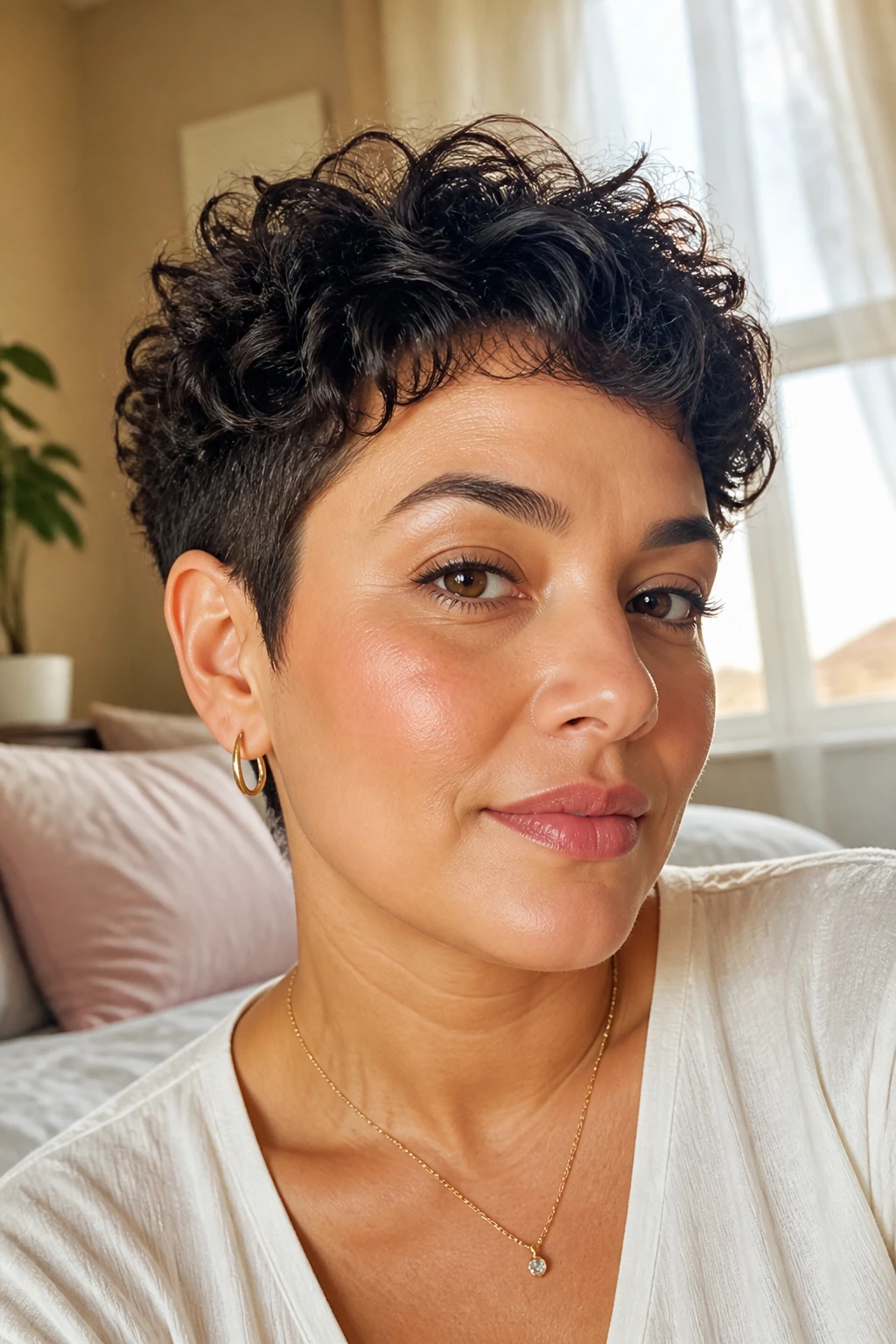 Close-up of a real woman wearing a tapered temple pixie, warm bedroom light.