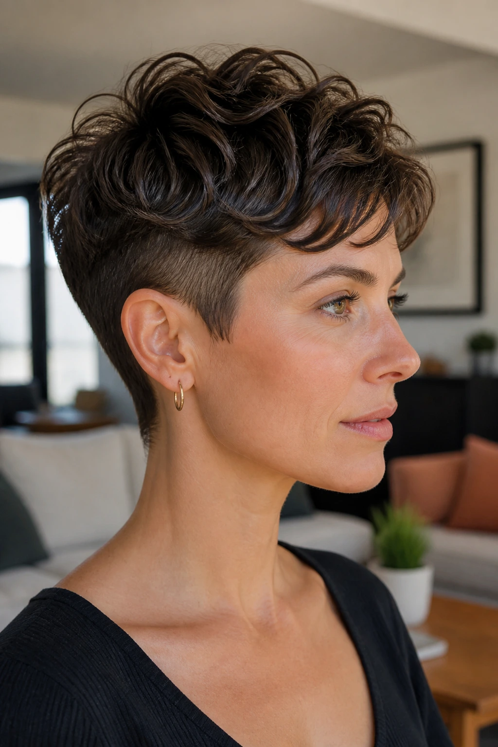 Close-up portrait of a real woman with tapered temple pixie