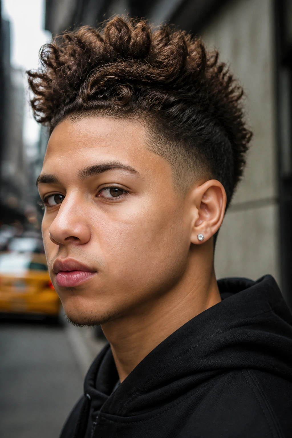 Real person with tapered temple pullback hawk hairstyle in natural daylight