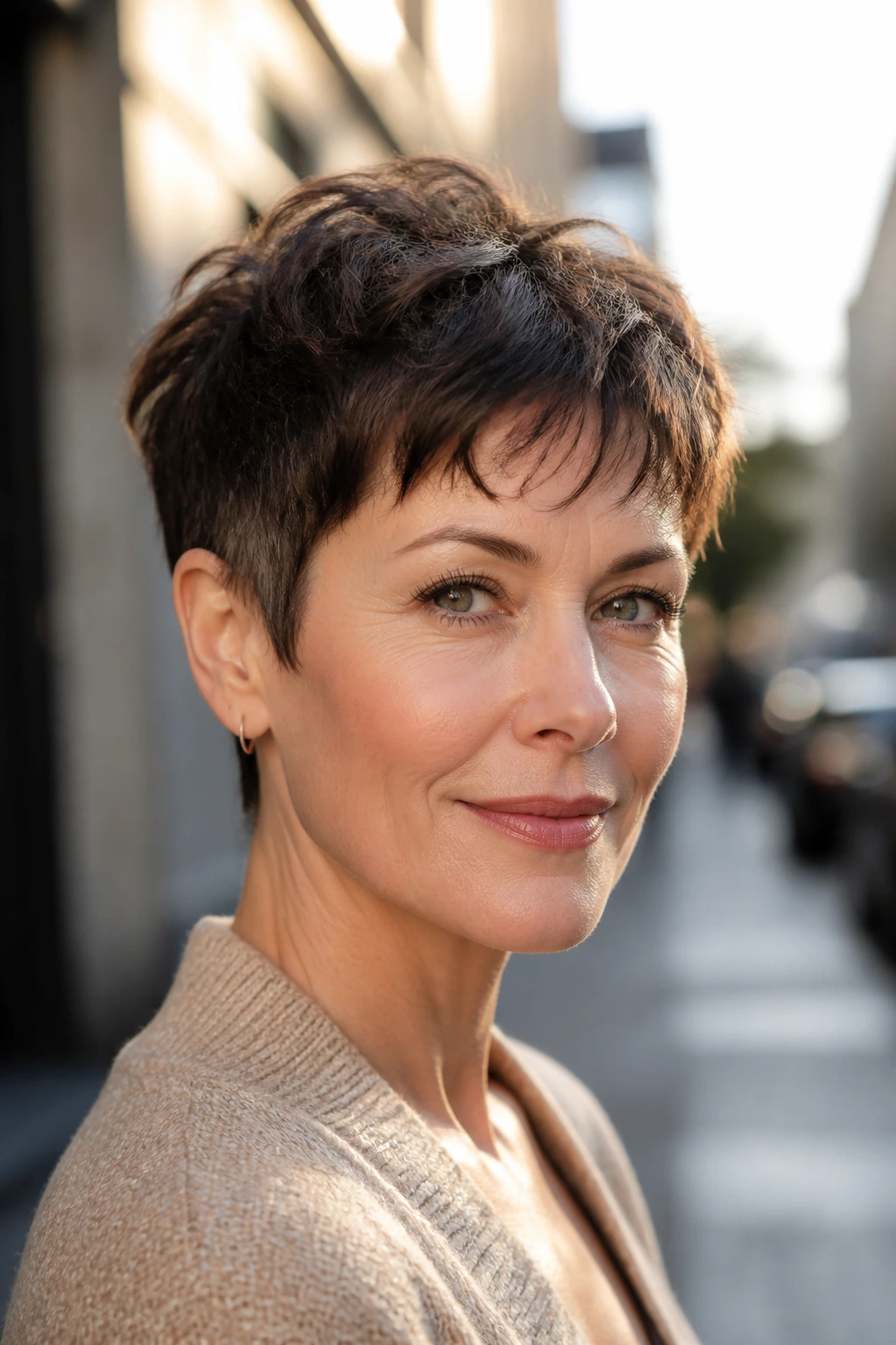 Close-up of a real woman showing a tapered temple shag pixie with lifted top