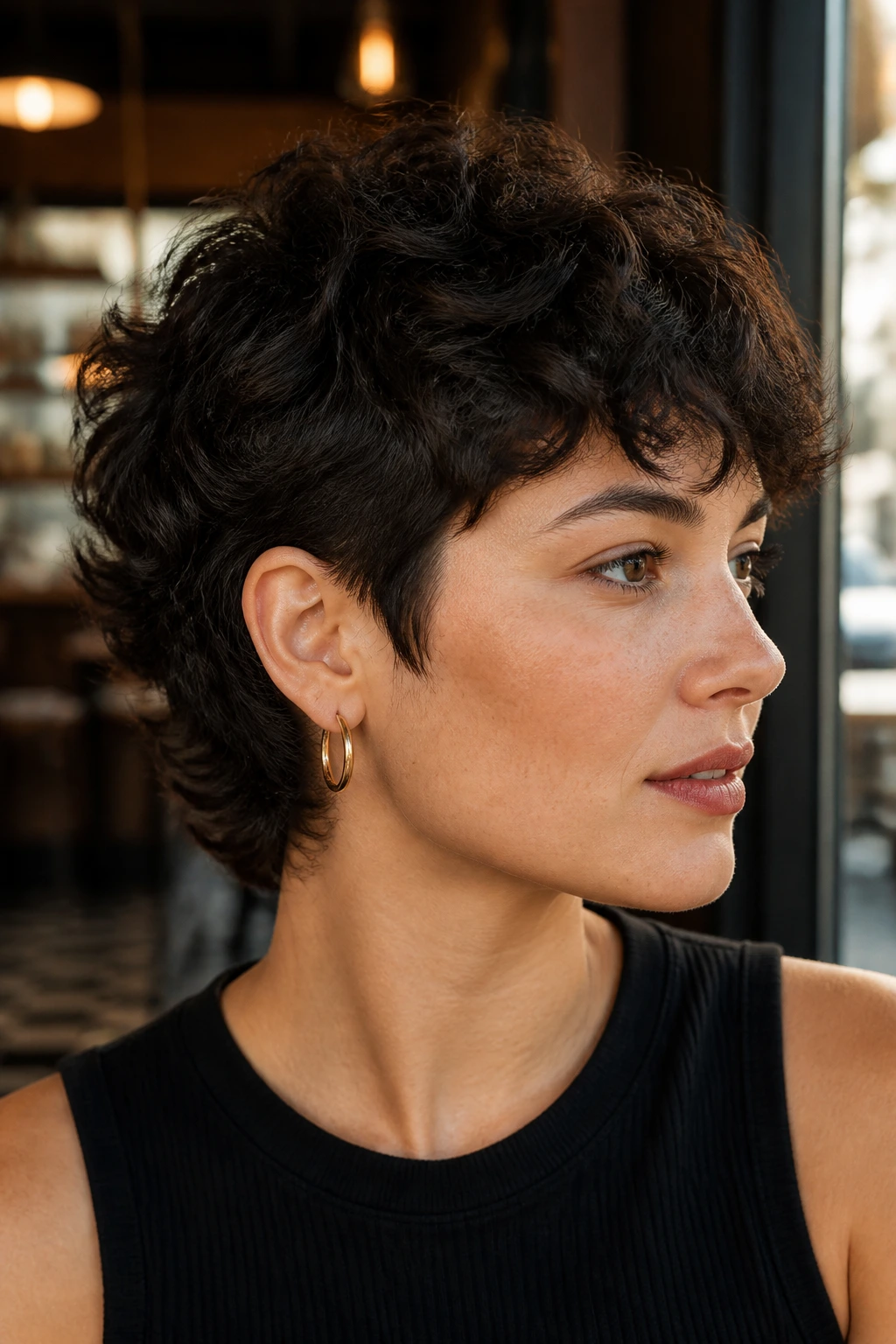 3/4 profile of a real person with tapered temple shag under warm window light