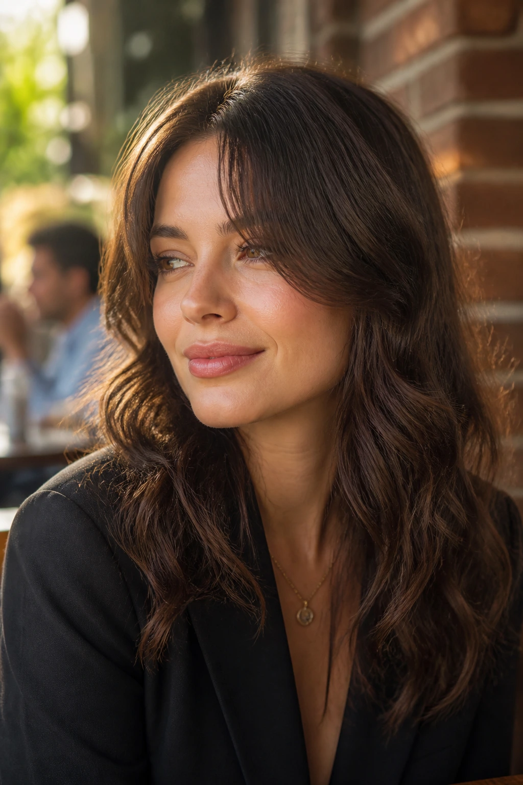 Close-up of real person with tapered temple sweep bangs in outdoor cafe light