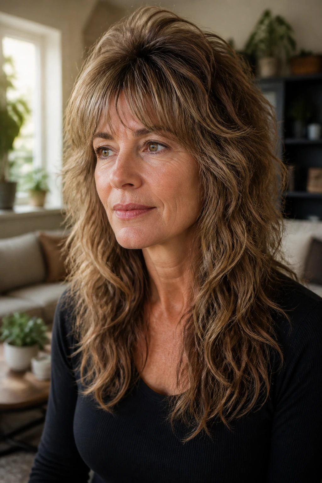 Close-up of a real woman with a tapered-top shag, crown lift and tapered sides, sunlit living room background