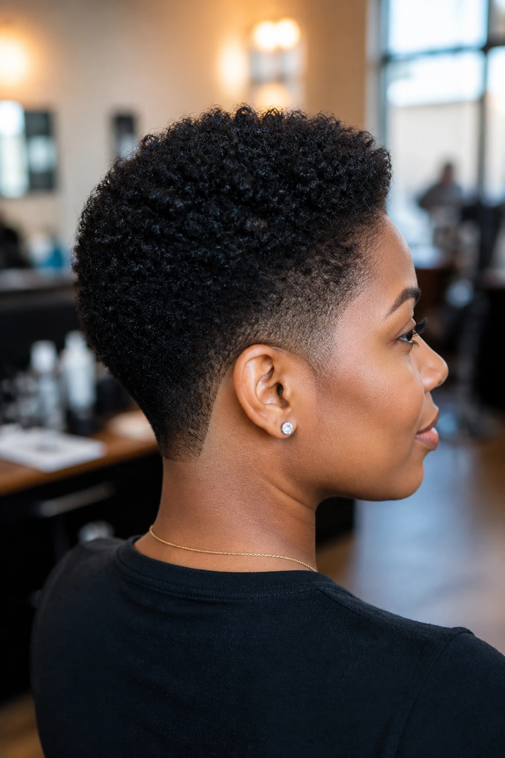 Portrait of a real person with a tapered TWA and clean nape, showing curl pattern and neat silhouette