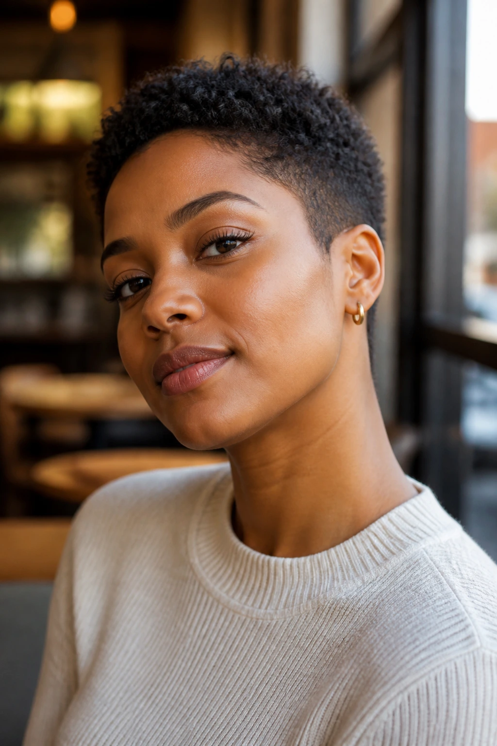 Close-up of a Black person with tapered TWA and soft coil crown, sides tapered.