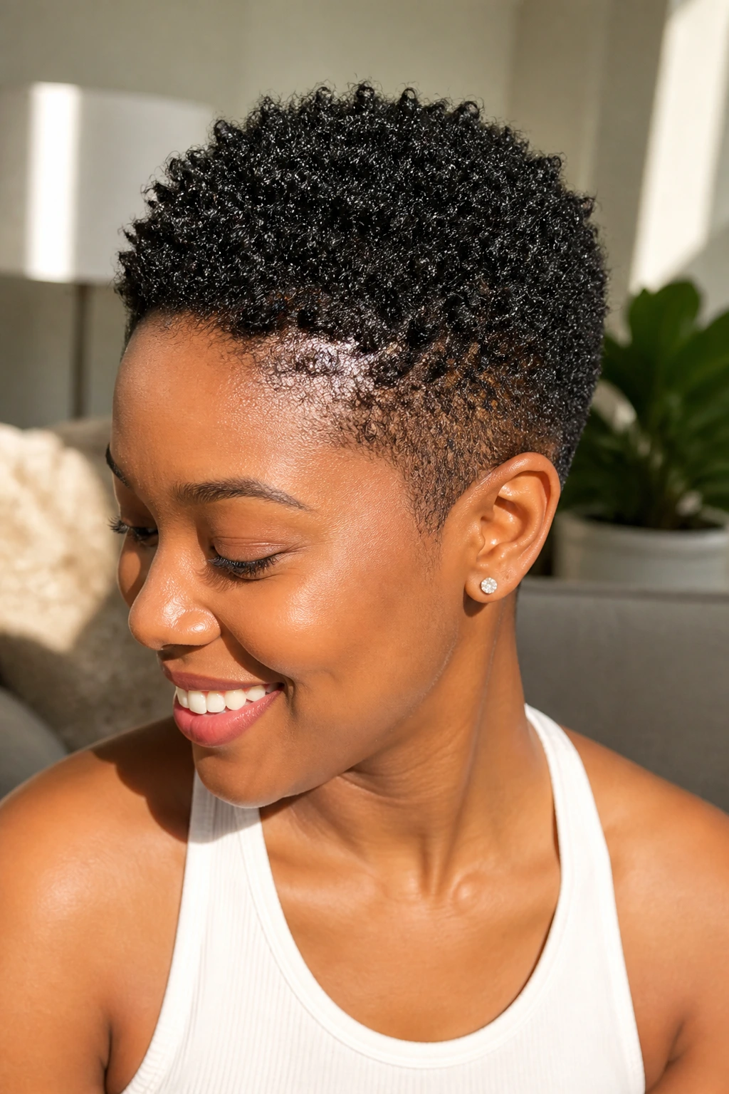 Close-up of a Black woman with a tapered TWA and defined coils.