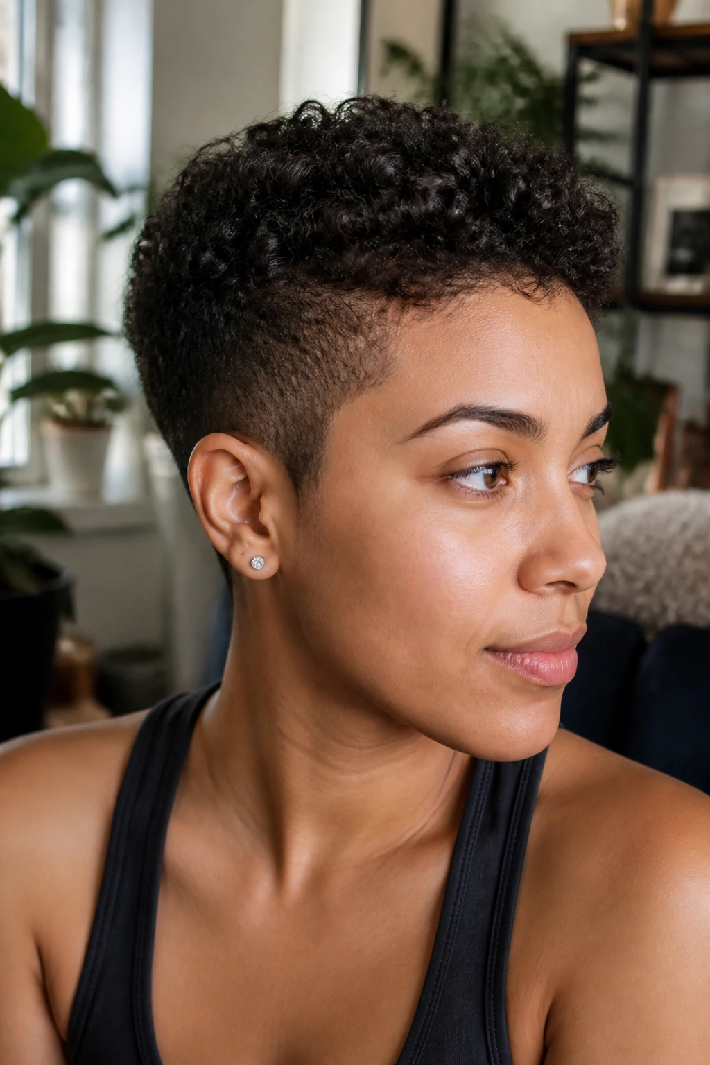 Real-person portrait showing a tapered TWA crop with tight sides and stacked curls