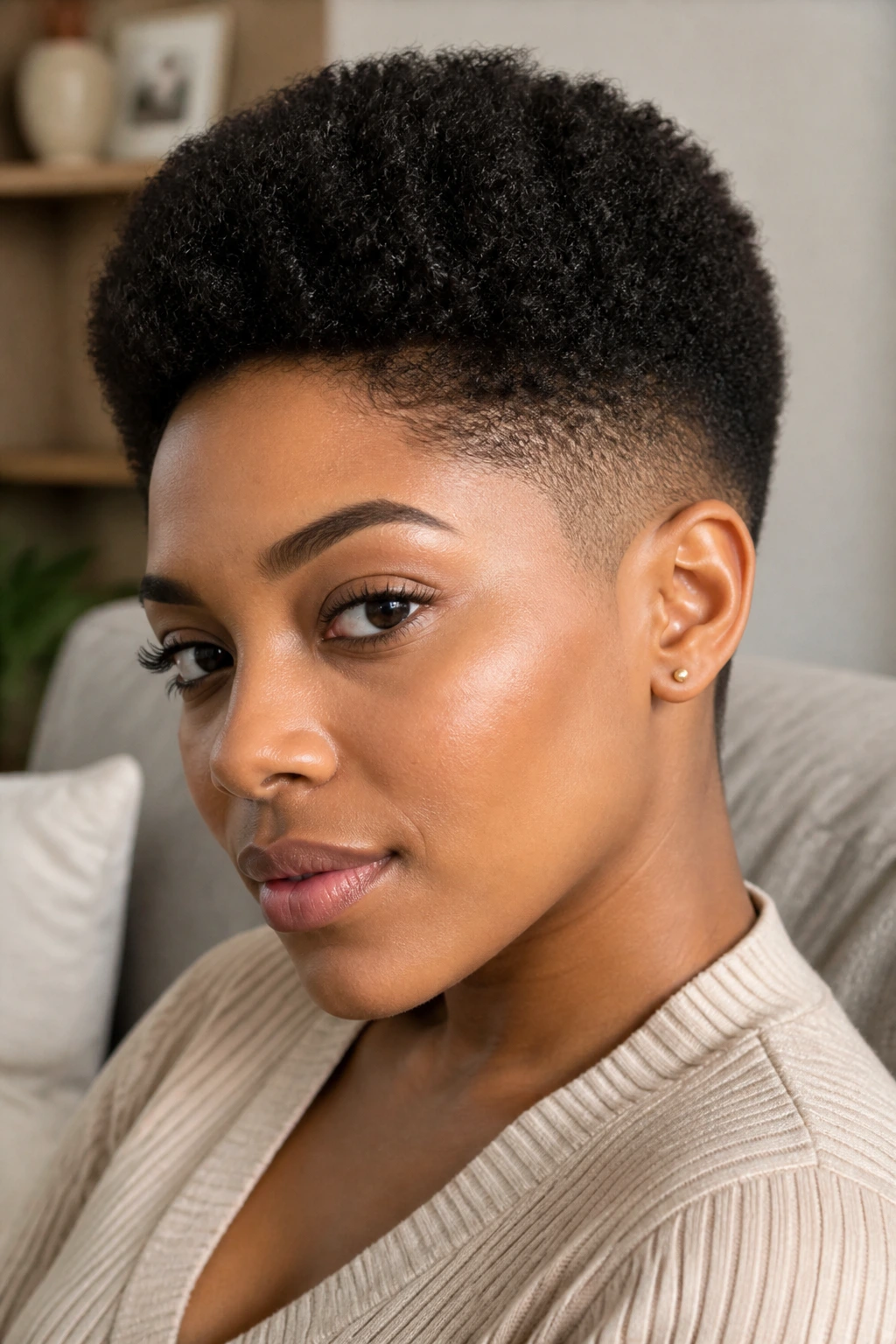 Close-up portrait of a Black woman with a tapered TWA, short sides and longer top