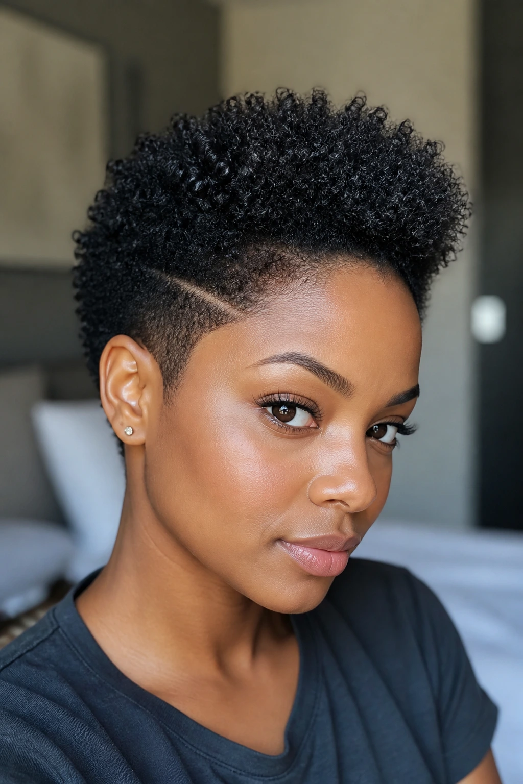 Close-up portrait of a real person with a tapered TWA and sculpted front.