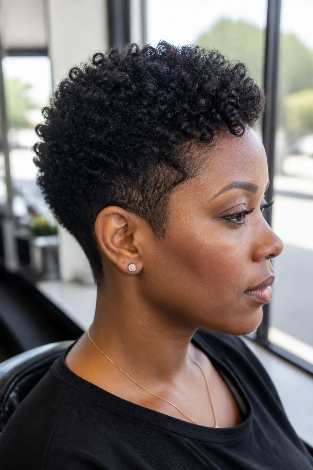 Portrait of a person with a tapered TWA showing soft coils at the front