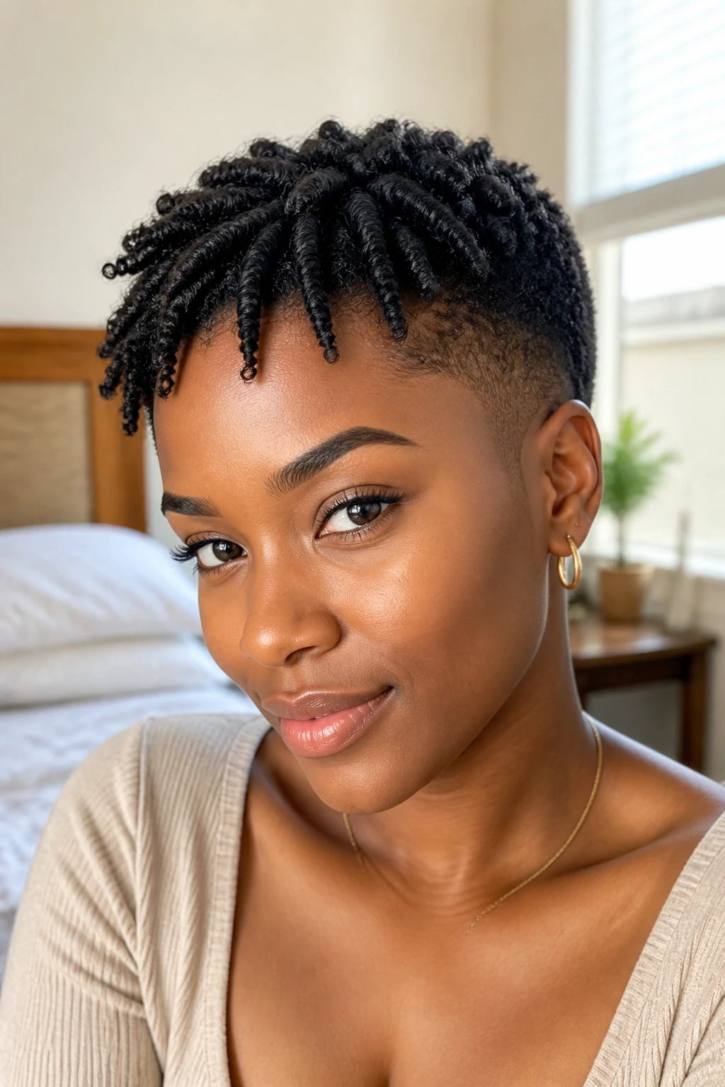 Close-up portrait of a person with tapered twists on a short natural cut under warm window light