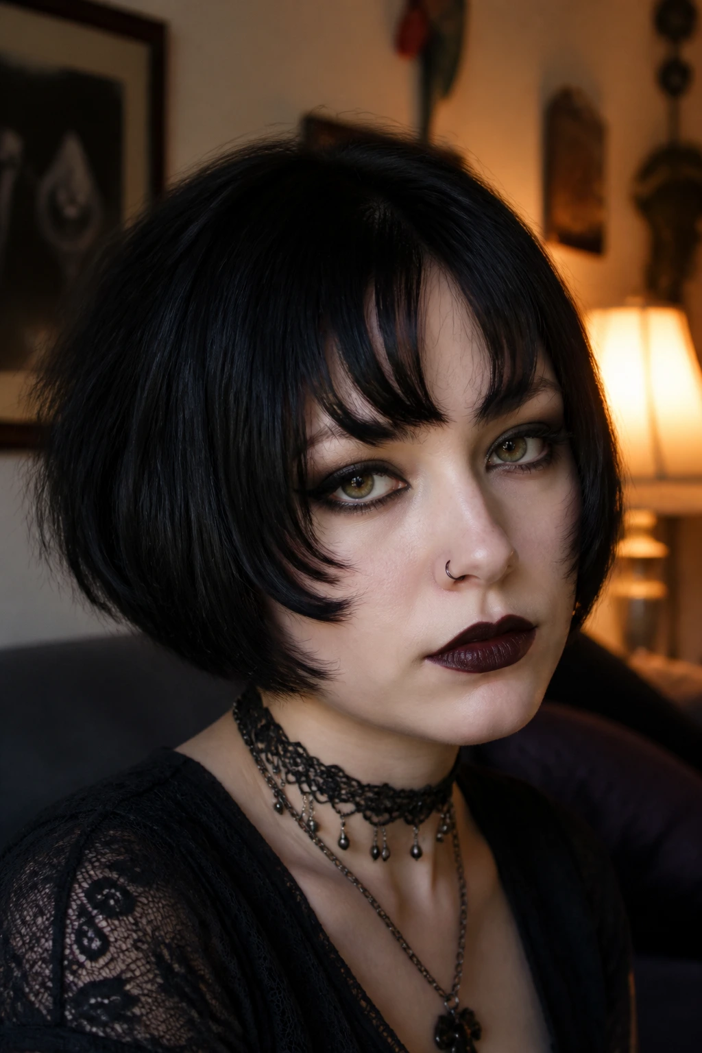 Close-up of a real person with a tapered U-shape fringe in a warm living room
