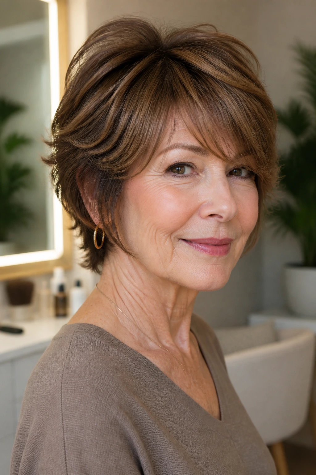Older woman with tapered walnut shag and side bangs in natural lighting.