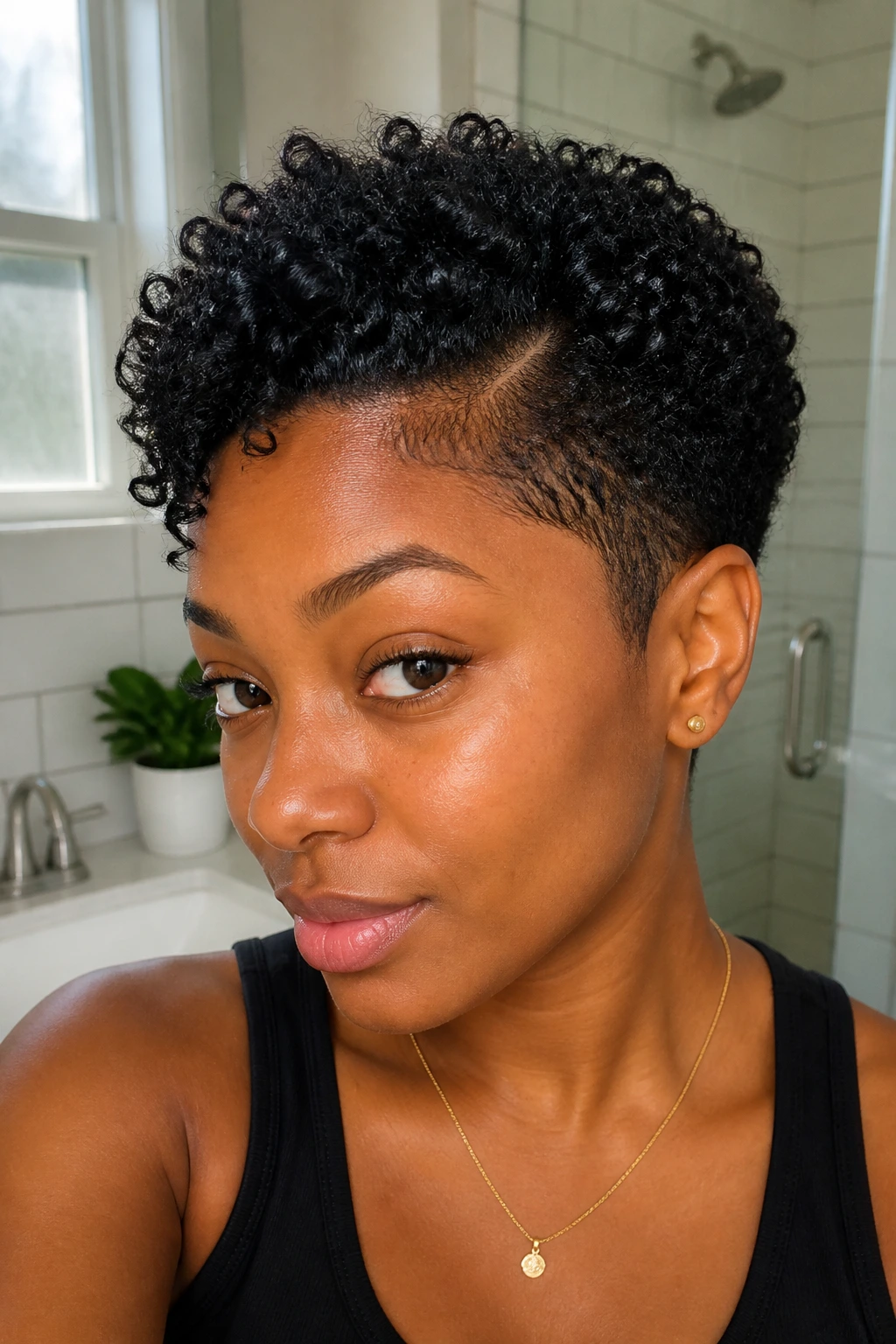 Portrait of a person with a tapered wash-and-go crop, close-up.