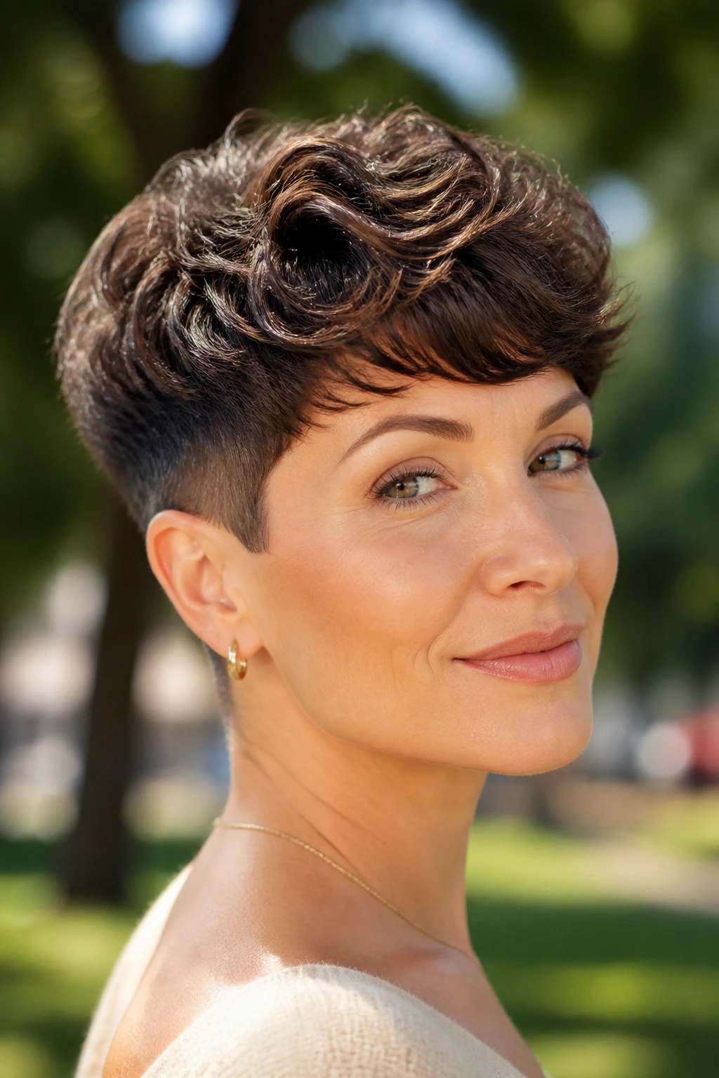 Close-up of Tapered Wave Crop hairstyle on a real woman outdoors