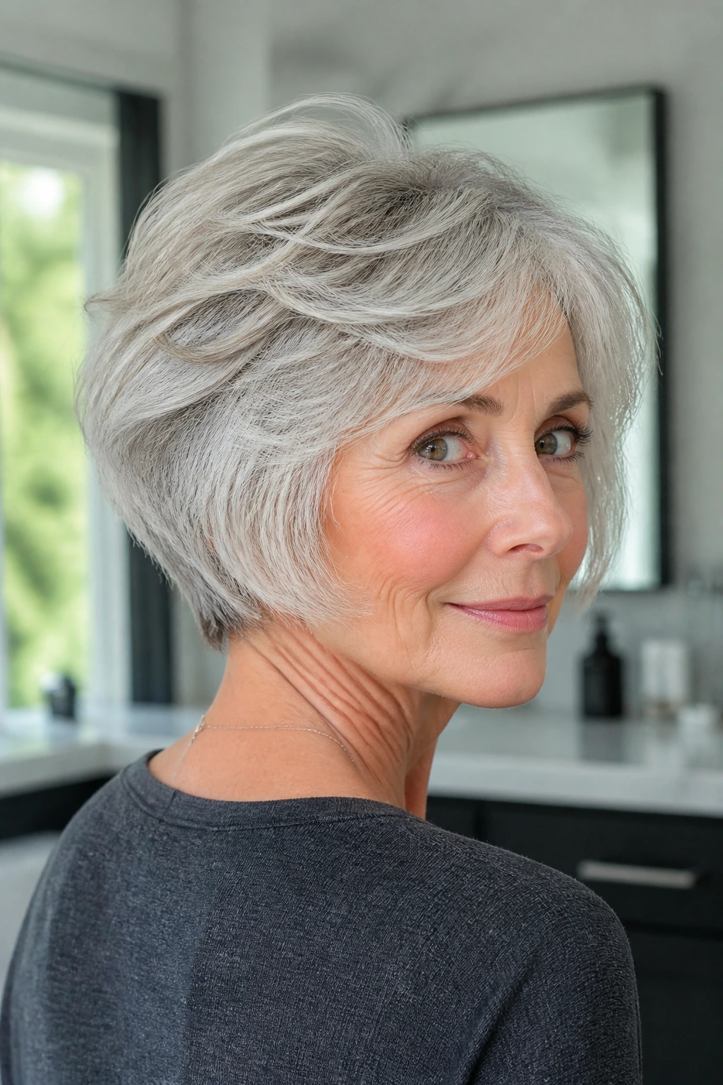 Portrait of woman with tapered wedge bob and silver hair