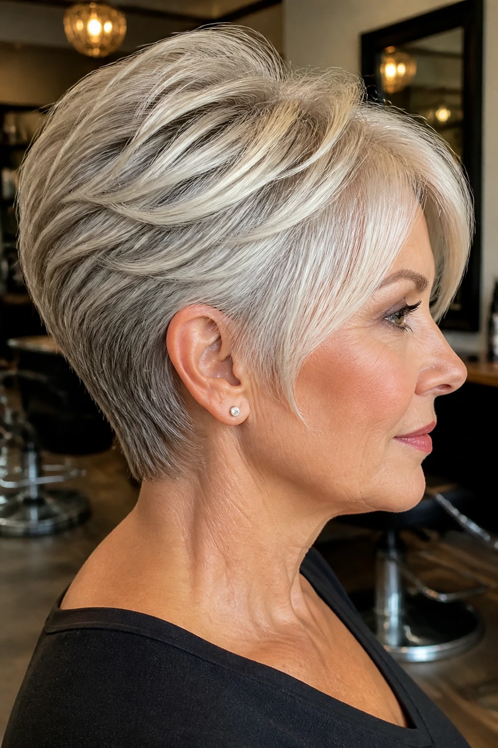 Close-up portrait of a real woman with a tapered wedge cut