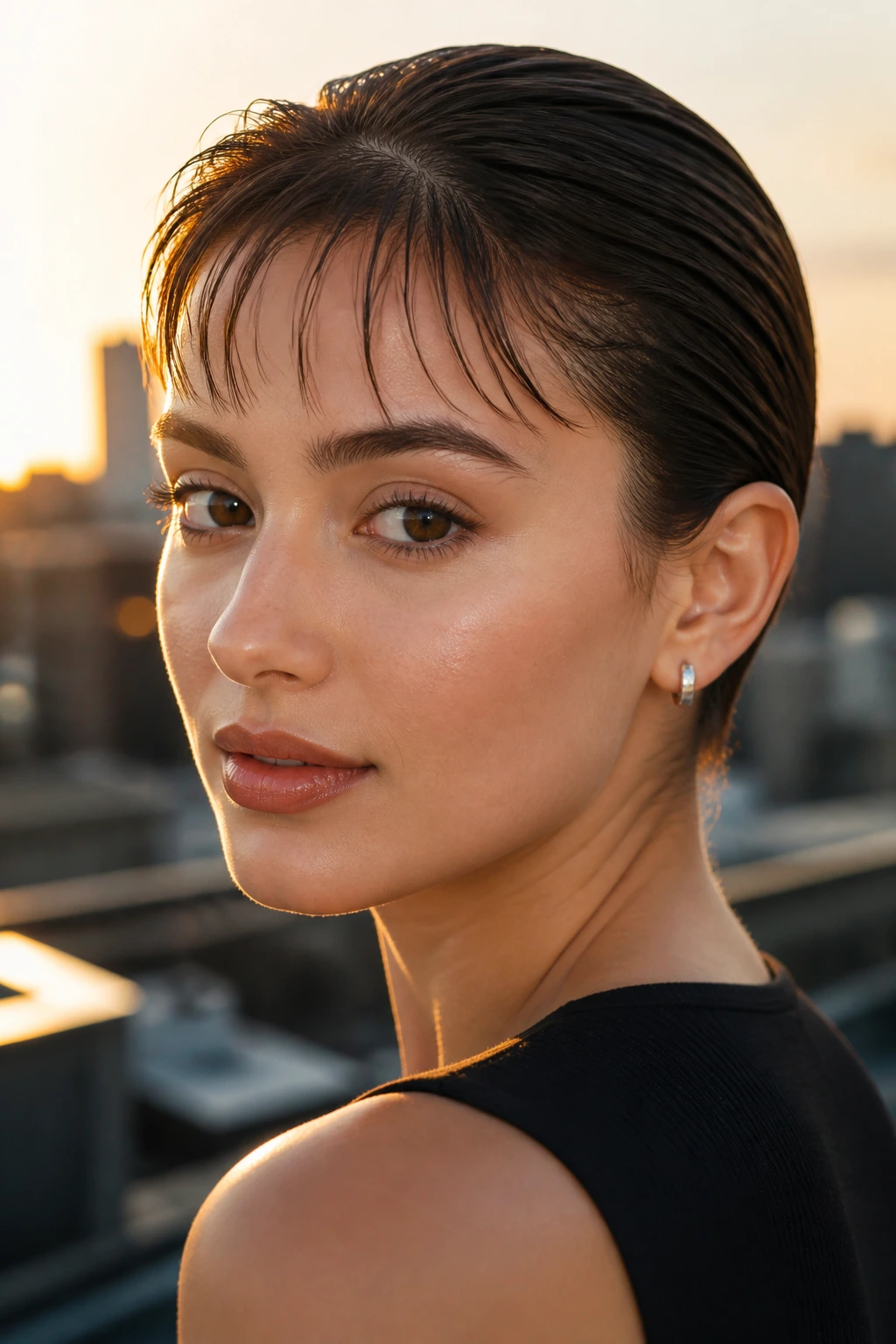 Close-up of a woman with tapered wispy bangs and slicked-back hair against an urban backdrop