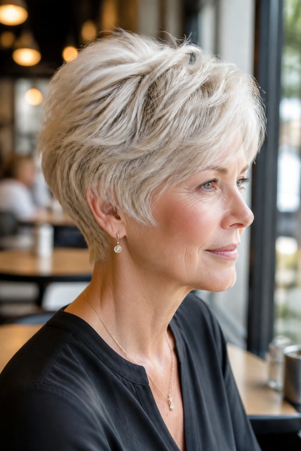 Close-up portrait of a real woman with tapered wolf bob and clean nape in platinum.