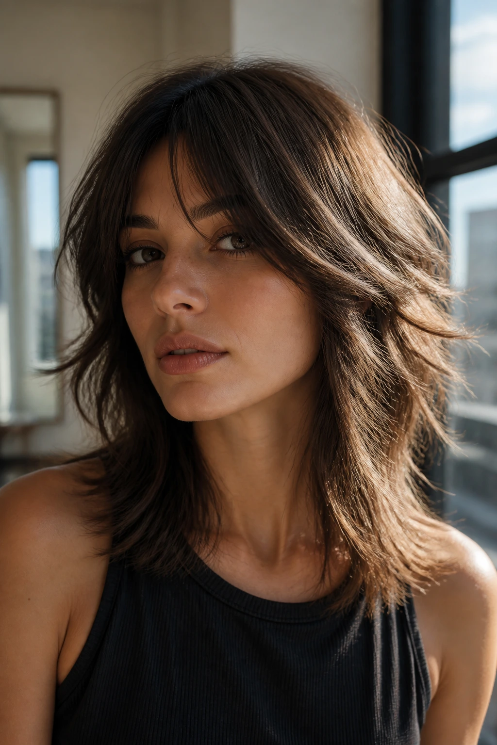 Close-up of real woman with tapered-end wolf cut showing soft taper