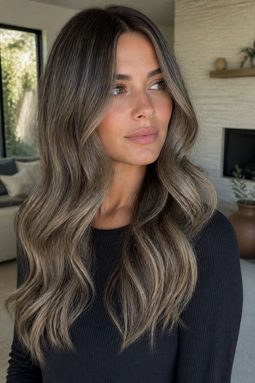 Close-up portrait of a real woman with cool taupe balayage on ash-brown hair