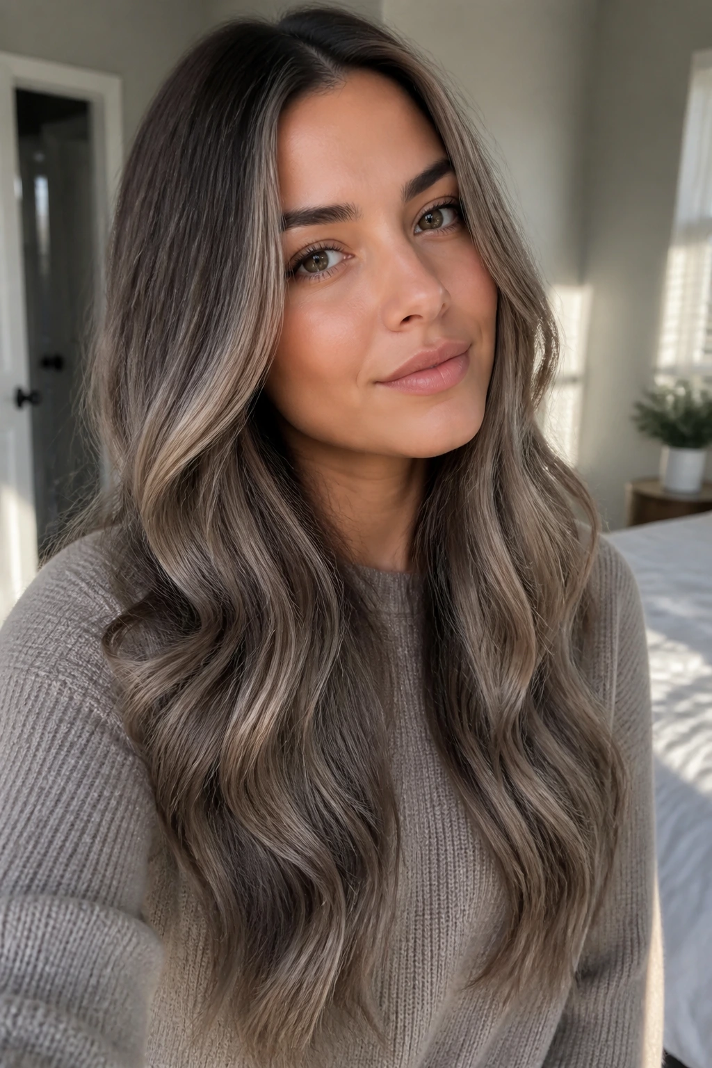 Portrait of a real person with taupe beige balayage for cooler undertones on long hair
