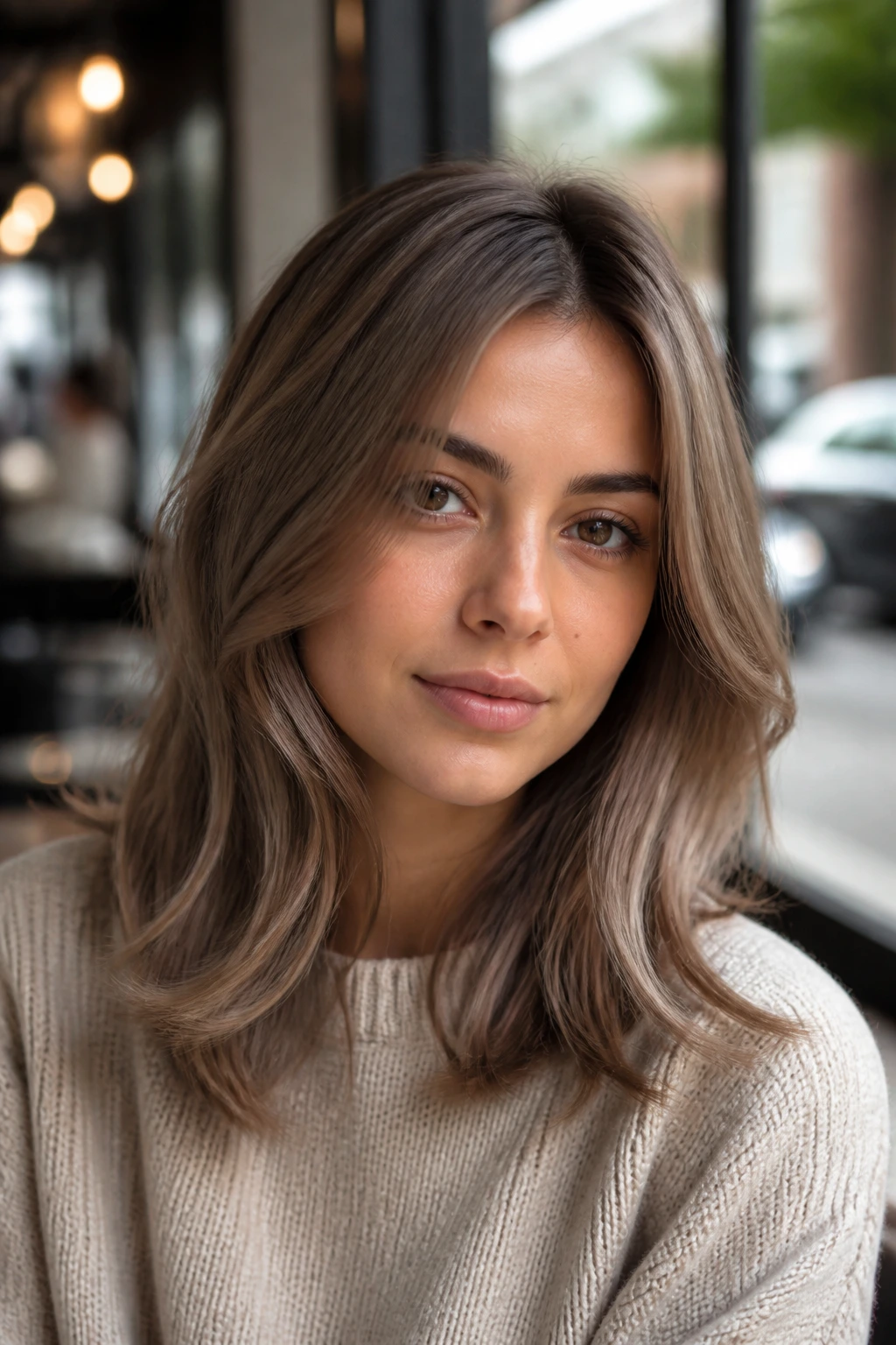Close-up portrait of a woman with taupe beige brunette hair.