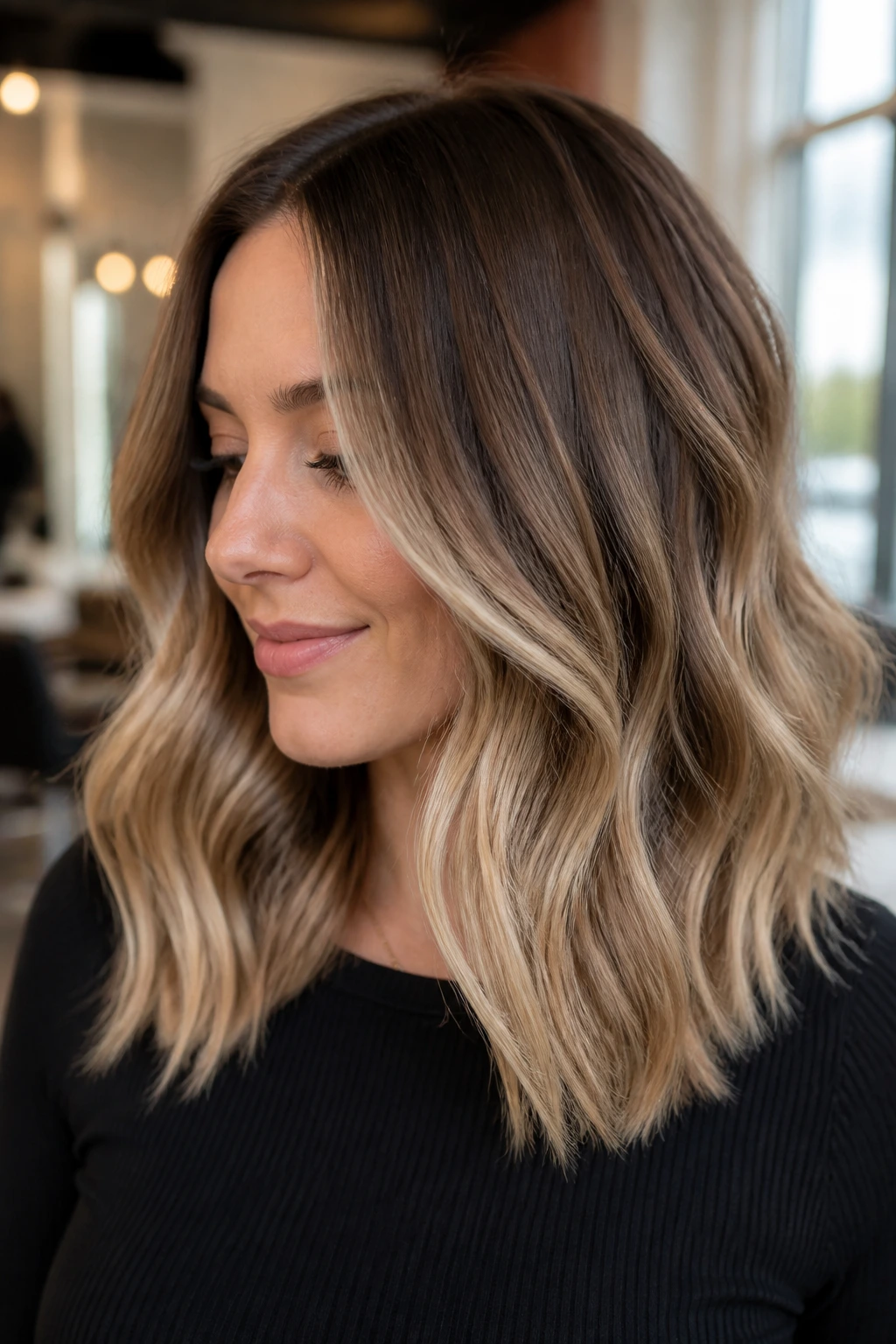 Close-up of a real woman with taupe blonde melt on brunette hair