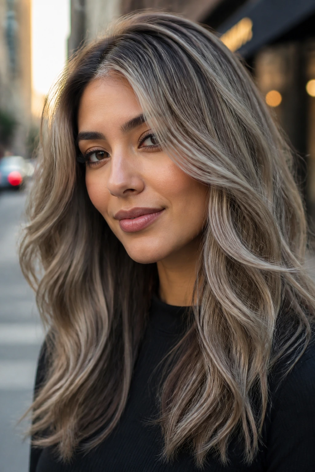 Close-up portrait of a real person with taupe blonde hair and smoky underlayers in natural outdoor light