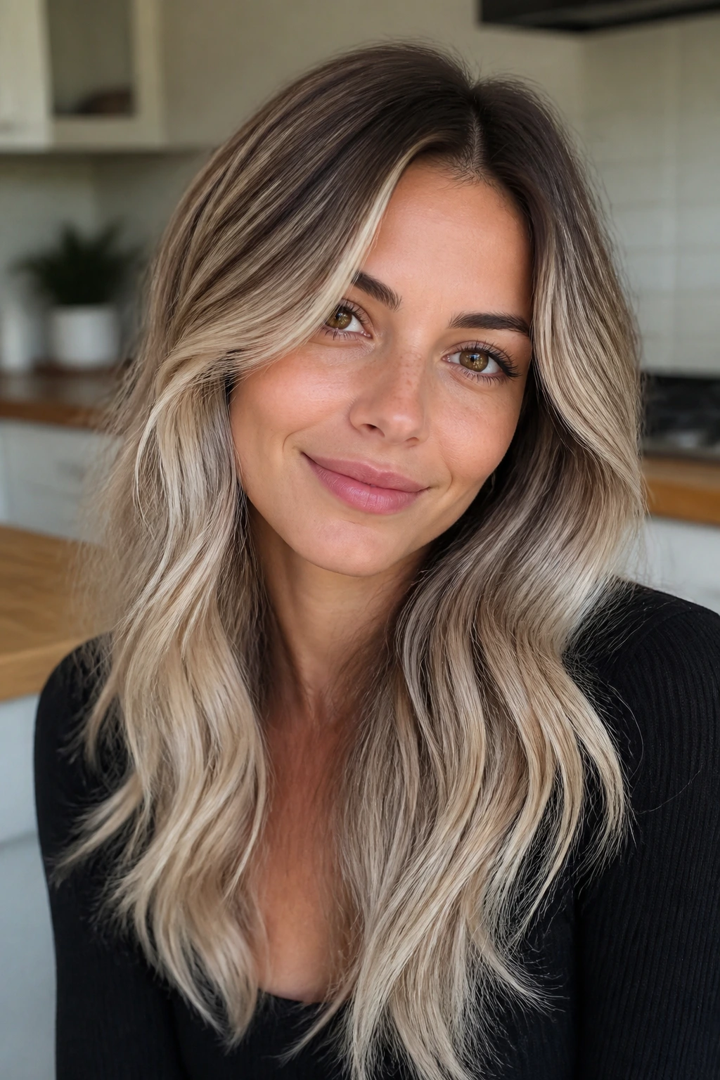 Close-up portrait of a real woman with taupe brown roots and oyster blonde ends
