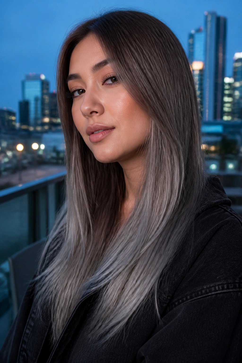 Close-up of real person with taupe brown to silver smoke ombre on straight hair