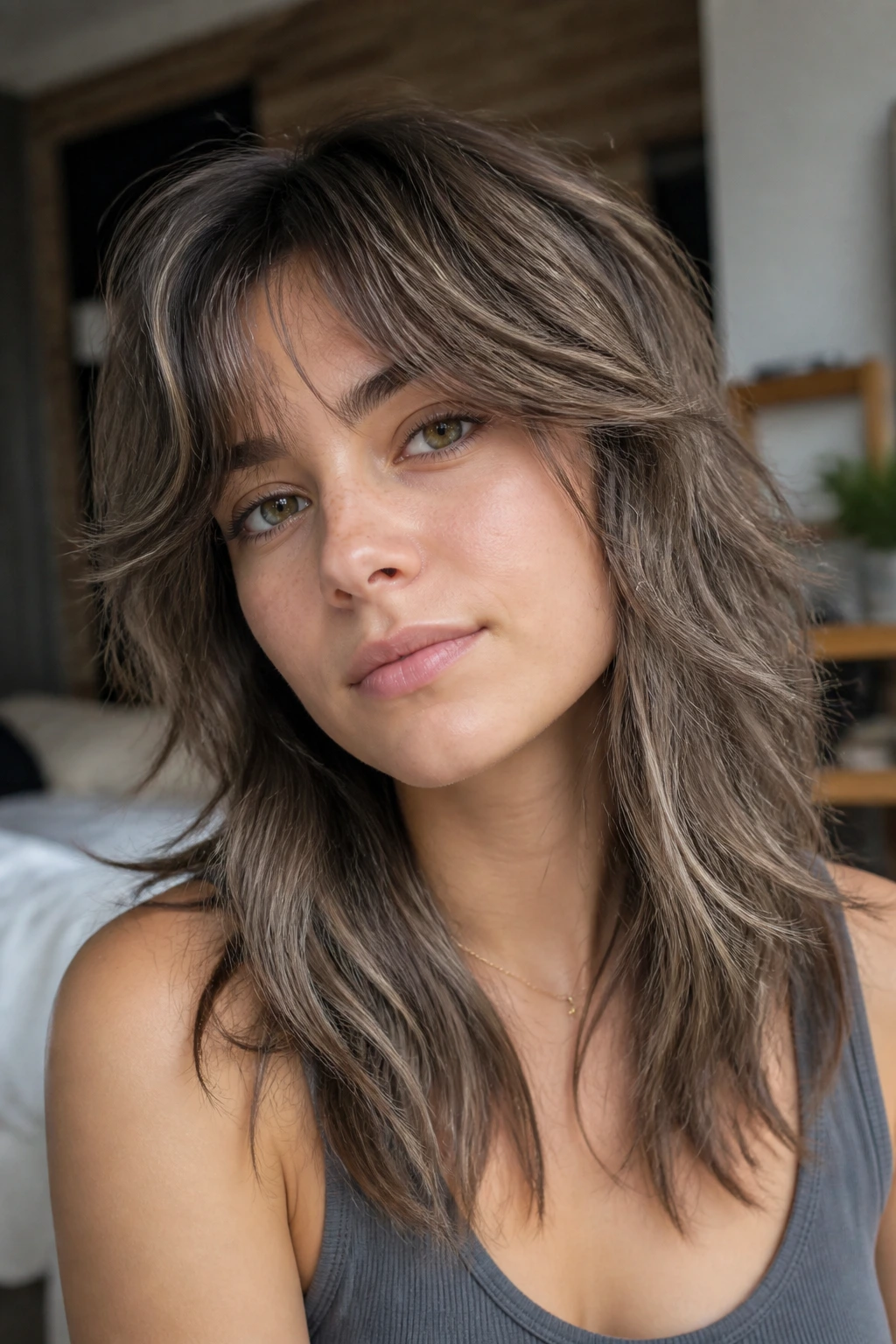 Real woman with taupe brown wolf cut and whisper highlights in a cozy room.