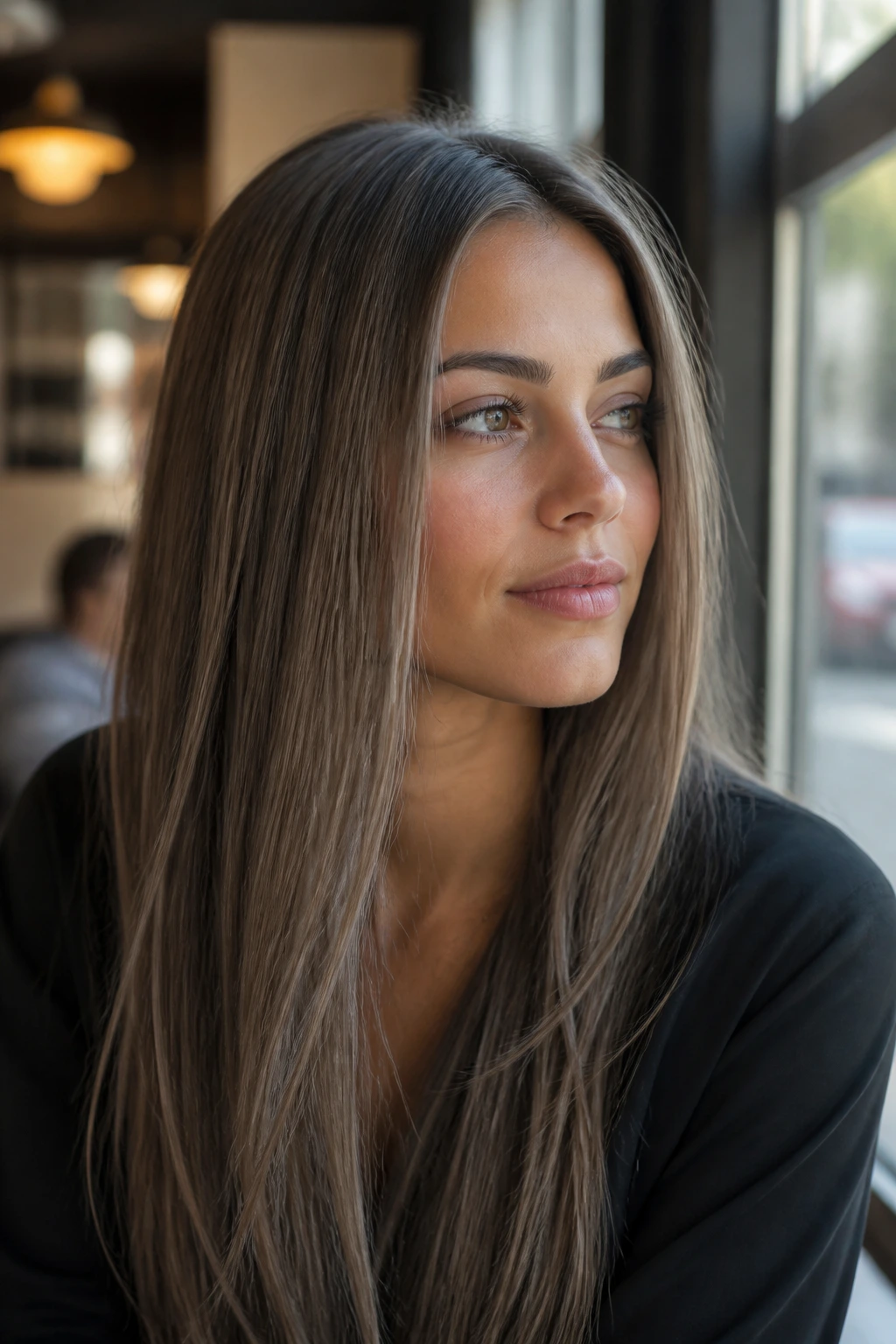 Close-up portrait of a real woman with cool taupe brunette hair