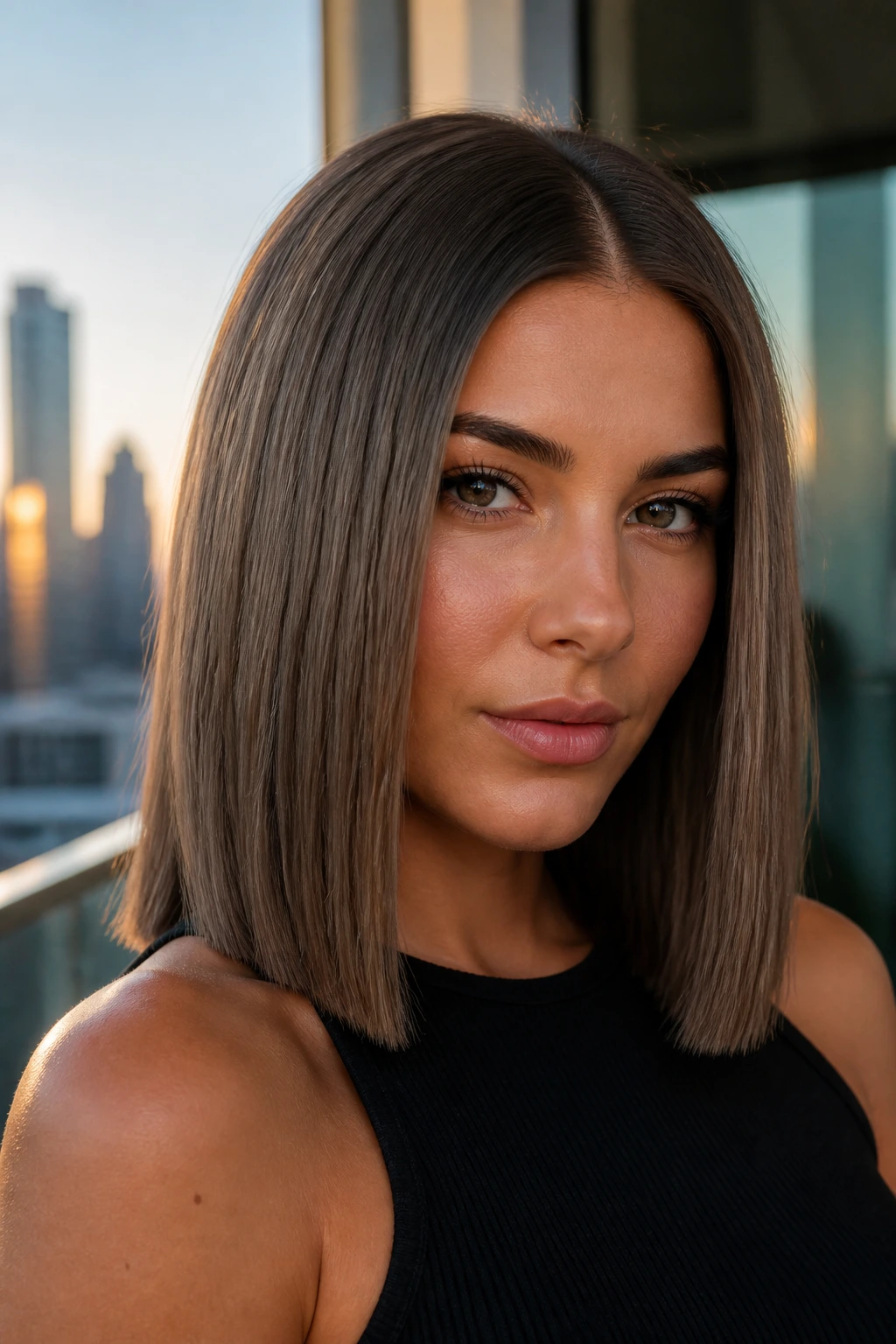Close-up of a real woman with cool taupe brunette hair and blunt lines