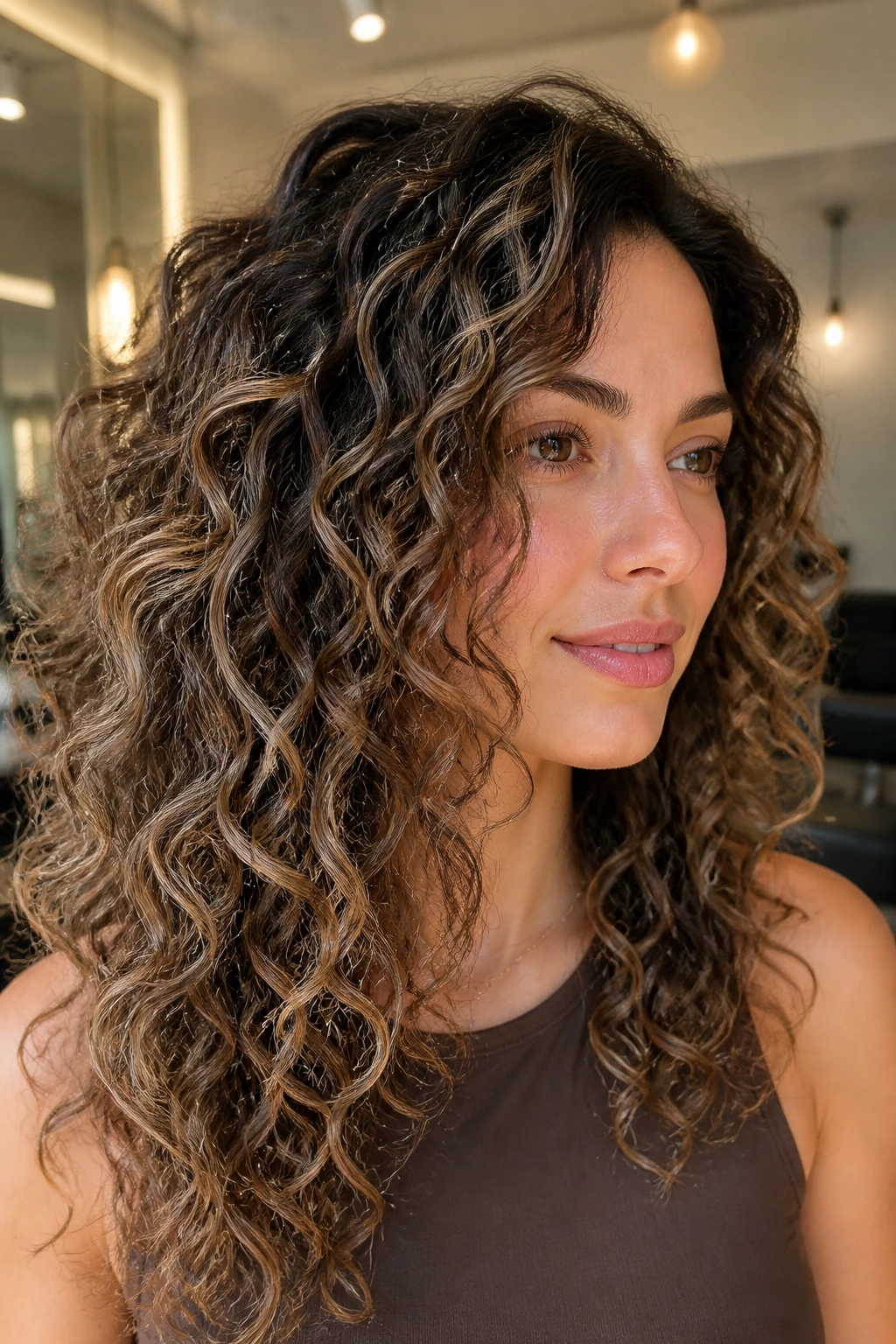 Close-up of taupe and cocoa ribbon lights on curly hair for dimension.