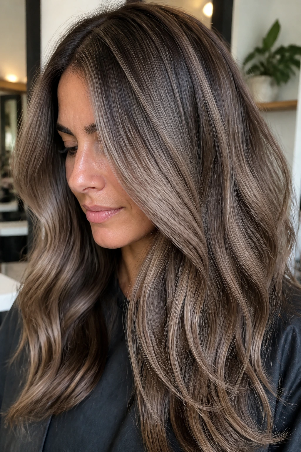 Close-up of thick hair with taupe gloss highlights