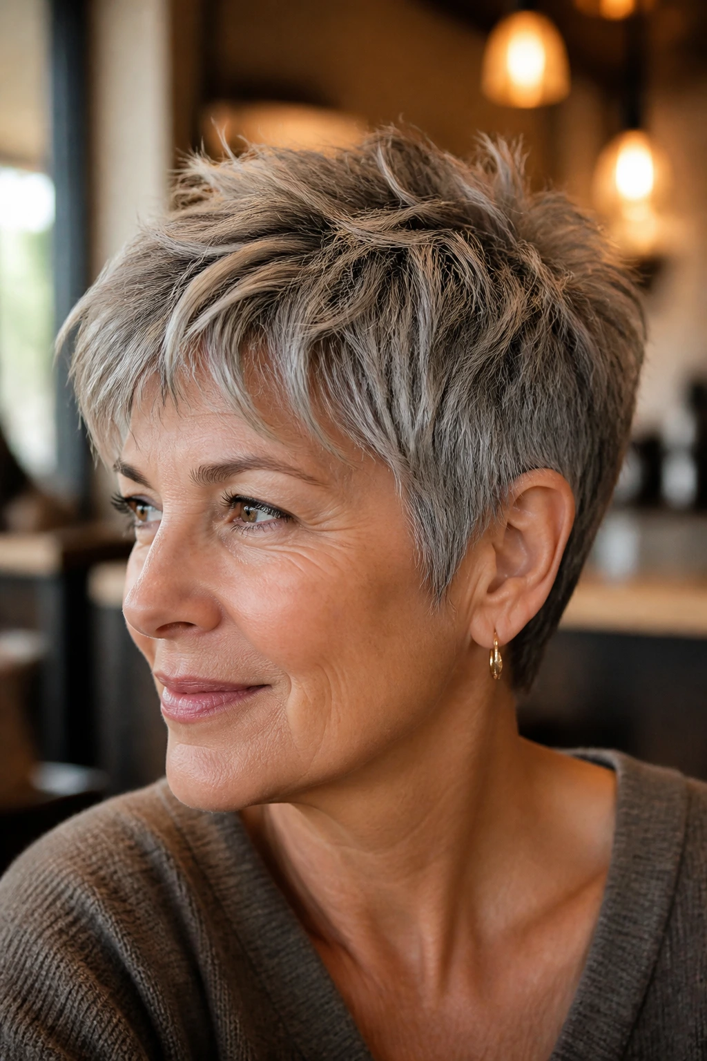 Close-up portrait of a person with taupe-gray neutral blend on a short textured crop in warm window light.