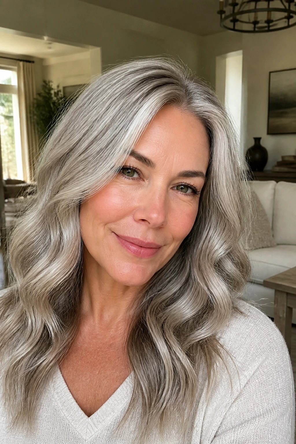 Close-up of a real woman with silver-blonde hair and taupe lowlights