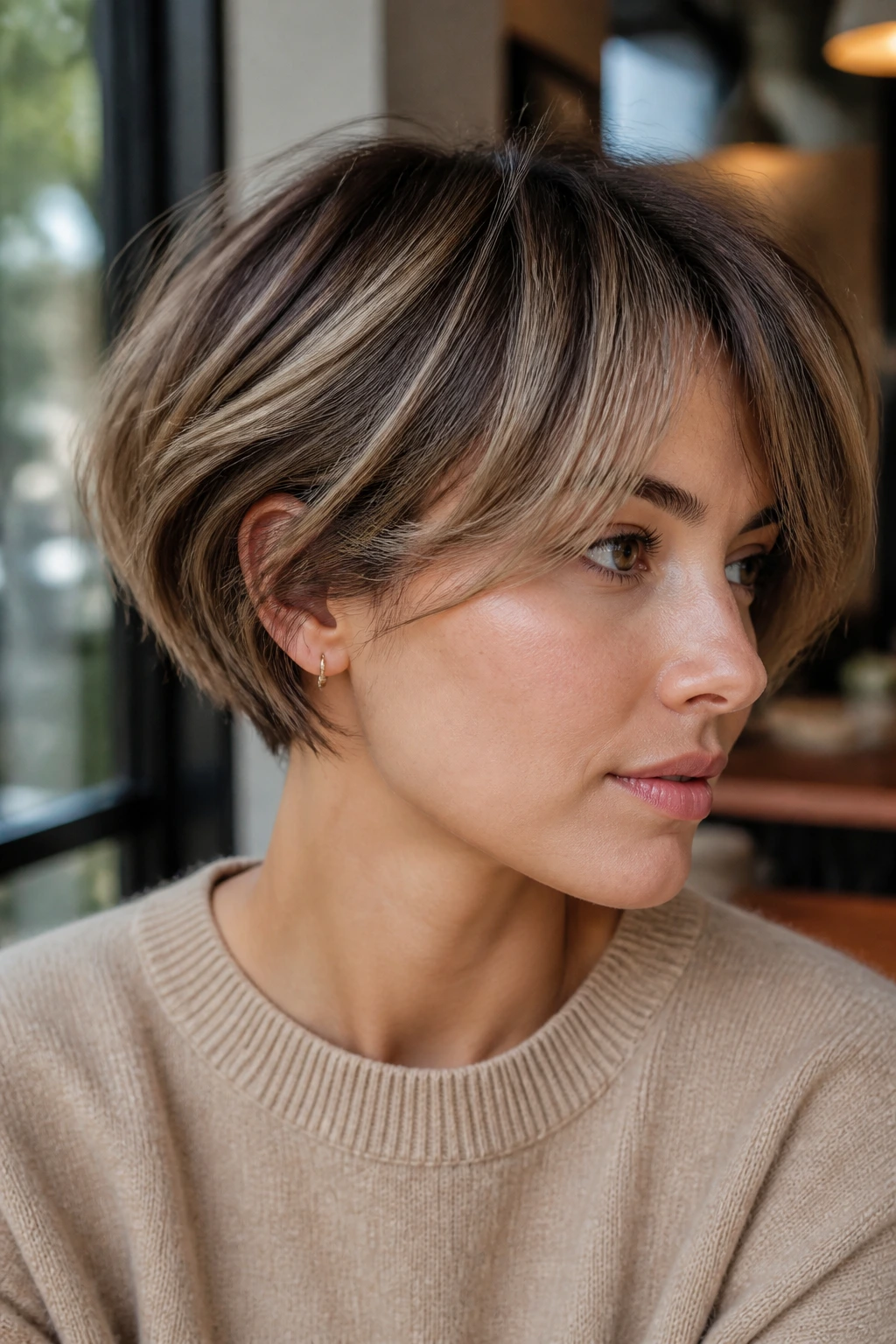 Portrait of a real person with Taupe-and-Tea Short Cut hairstyle