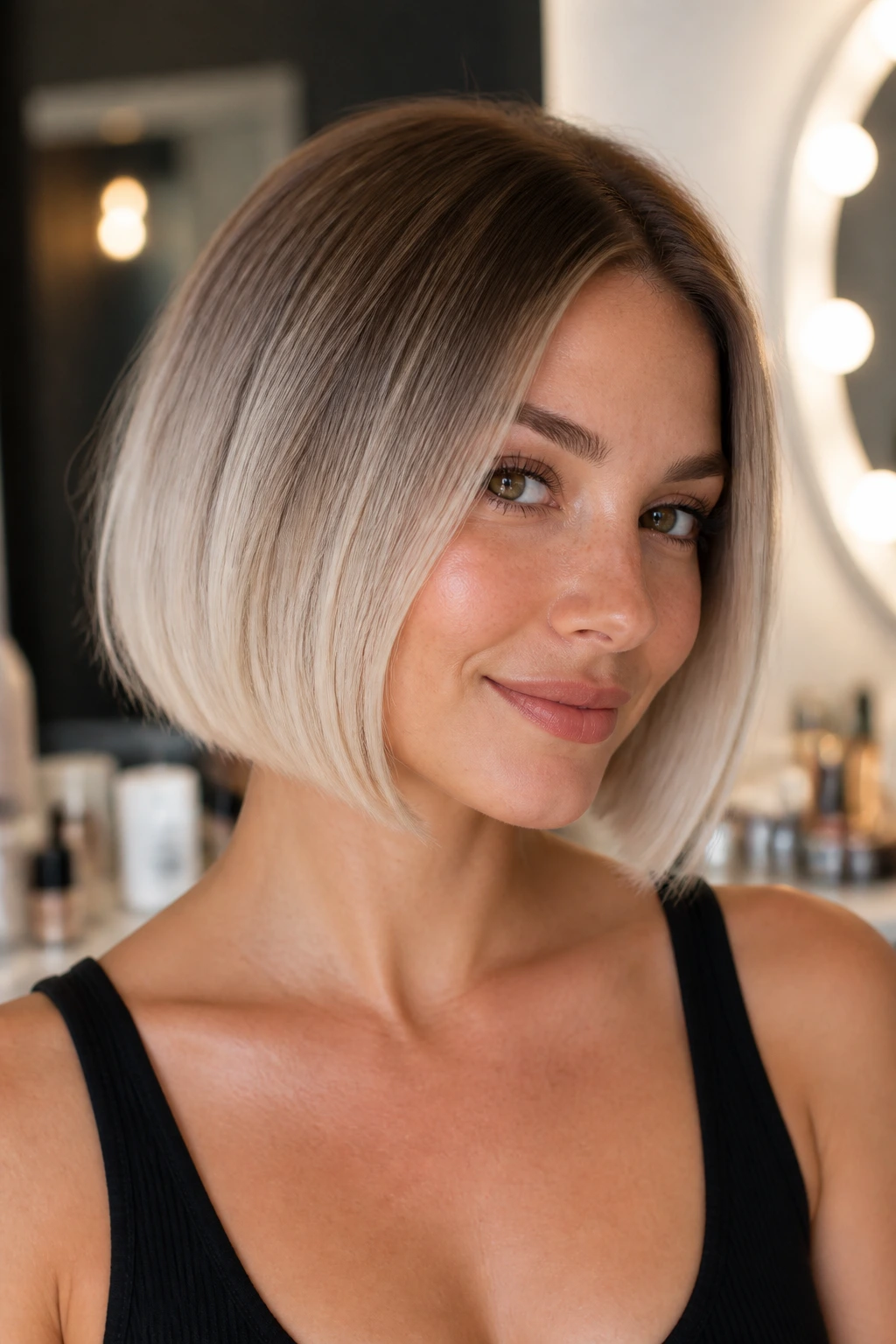 Close-up of a chin-length bob with taupe to vanilla cream gradient under soft light