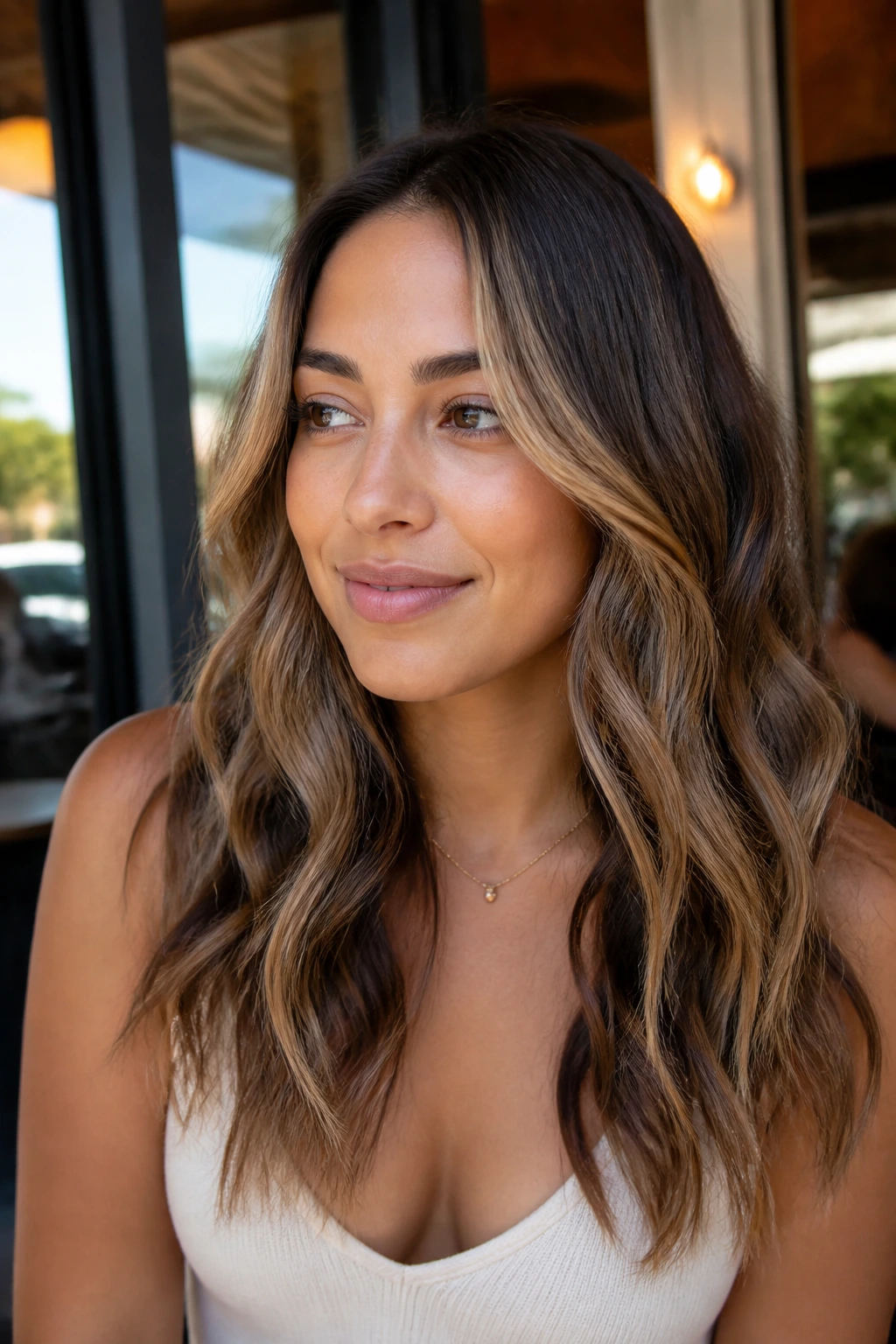 Close-up portrait of a woman with tawny face-framing balayage highlighting the front