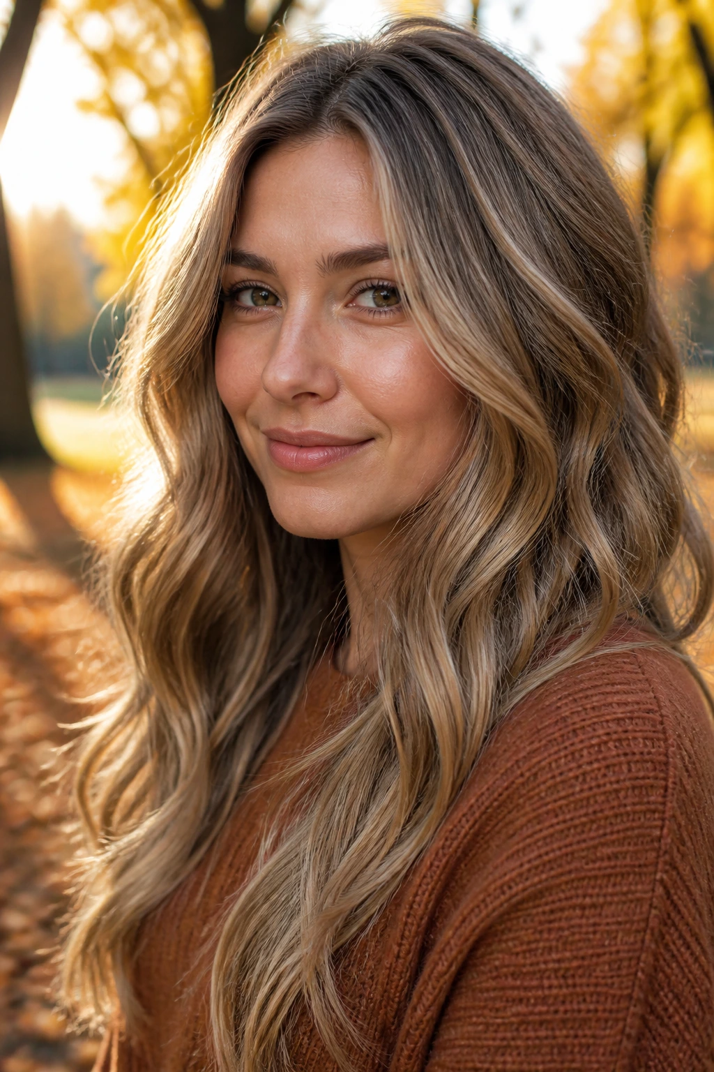 Close-up of a real person with tawny beige bronde hair outdoors